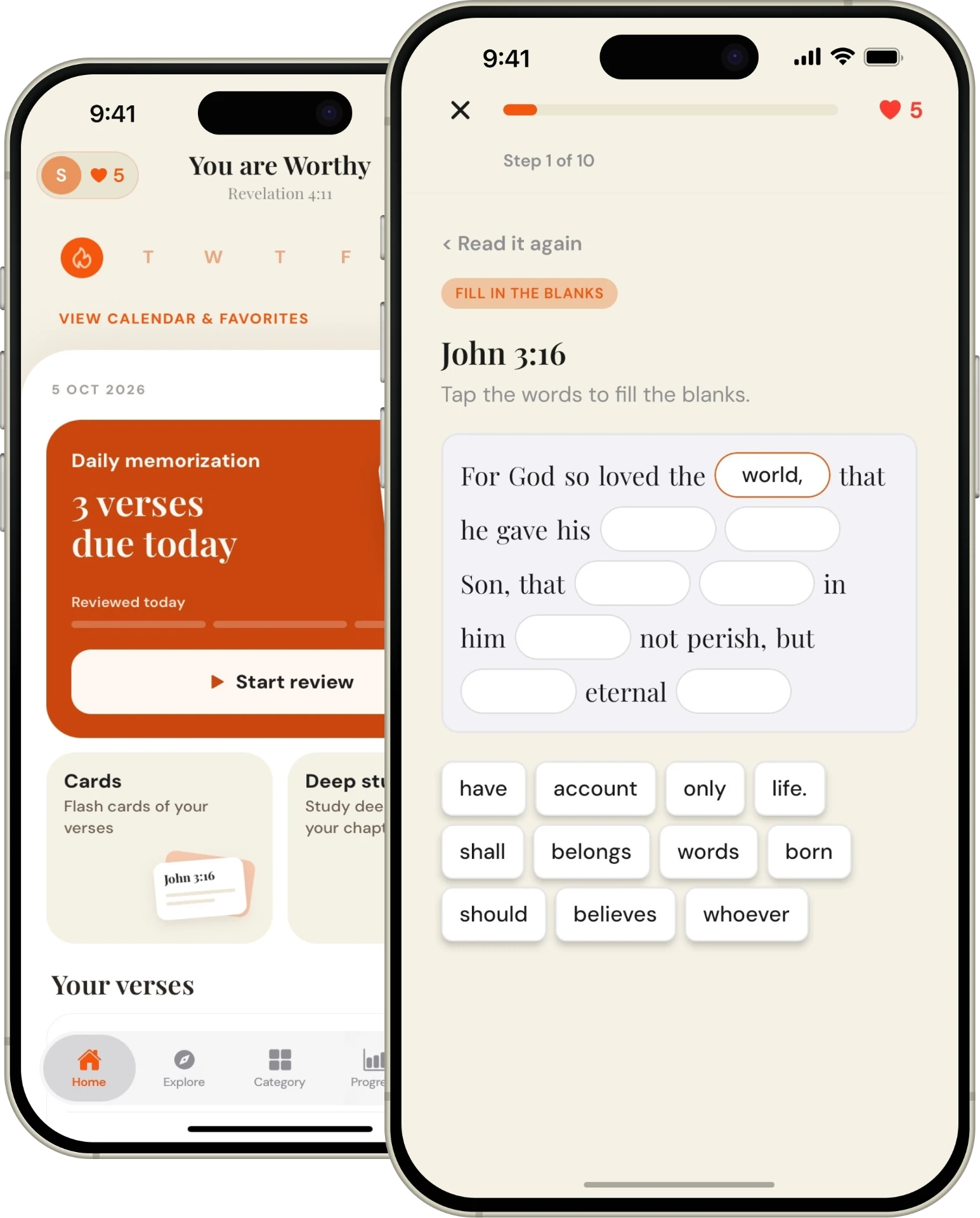 Noah Bible Memory home and verse review screens